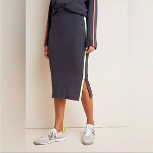 Anthropologie Ribbed Knit MIDI Slit Skirt Neon Trim Stripe Size L